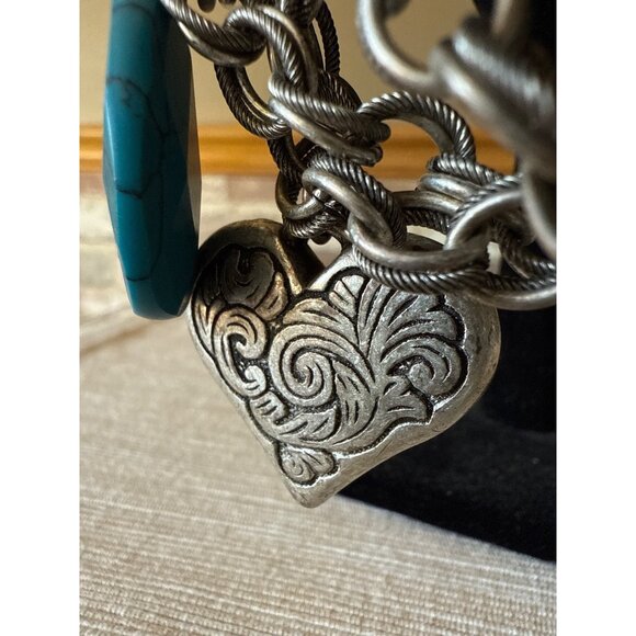 Boho Silver Tone Charm Bracelet Hearts Turquoise Glass Beads Toggle Statement - Picture 3 of 16